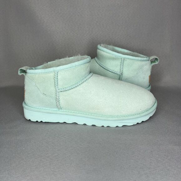 Women's Ugg Boots Size 8 Classic Ultra Mini Aqua Sky Blue Suede Wool Booties - Picture 13 of 14